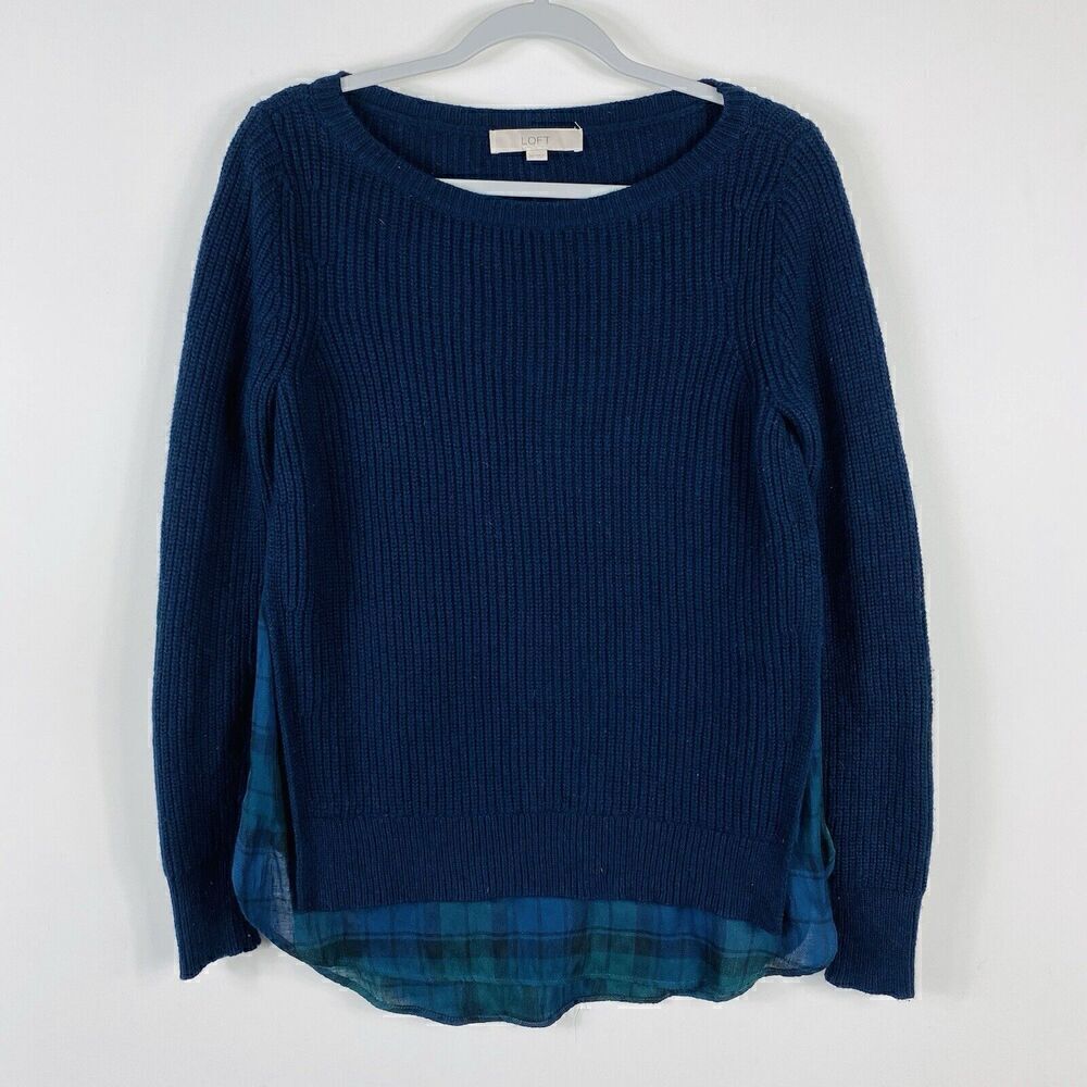 Ann Taylor LOFT Size XS Two-In-One Plaid Shirttail Sweater Navy Blue
